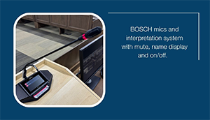 BOSCH microphone interpretation system with mute, name display and on/off.