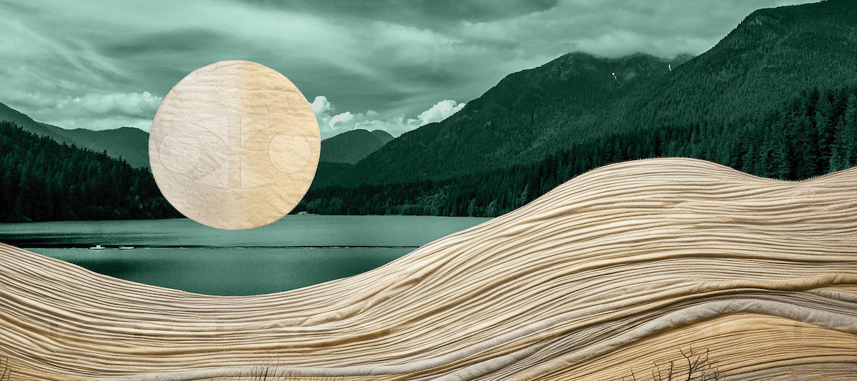 Paysage de couleur verte au lac réservoir Capilano à Vancouver, en Colombie-Britannique, et filaments aux teintes naturelles à l’avant-plan ressemblant à des collines vallonnées, le logo du CCA étant superposé à une lune luisante