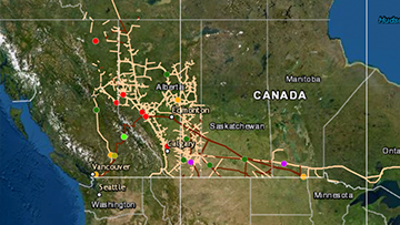 Carte du Canada montrant l’emplacement des pipelines et les données recueillies
concernant des incidents survenus depuis 2008

