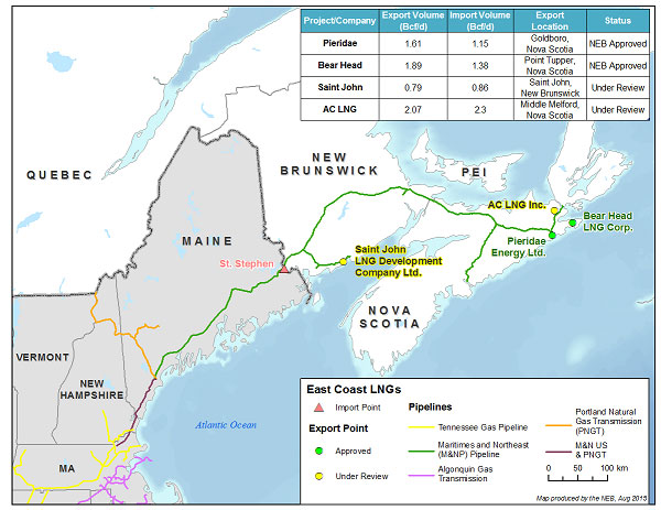 The map shows the four proposed LNG export projects from the east coast of Canada, and the Maritimes and Northeast Pipeline system. It includes a chart displaying the applied-for and approved import and export licence volumes, exports points and status of each application filed with the Board.