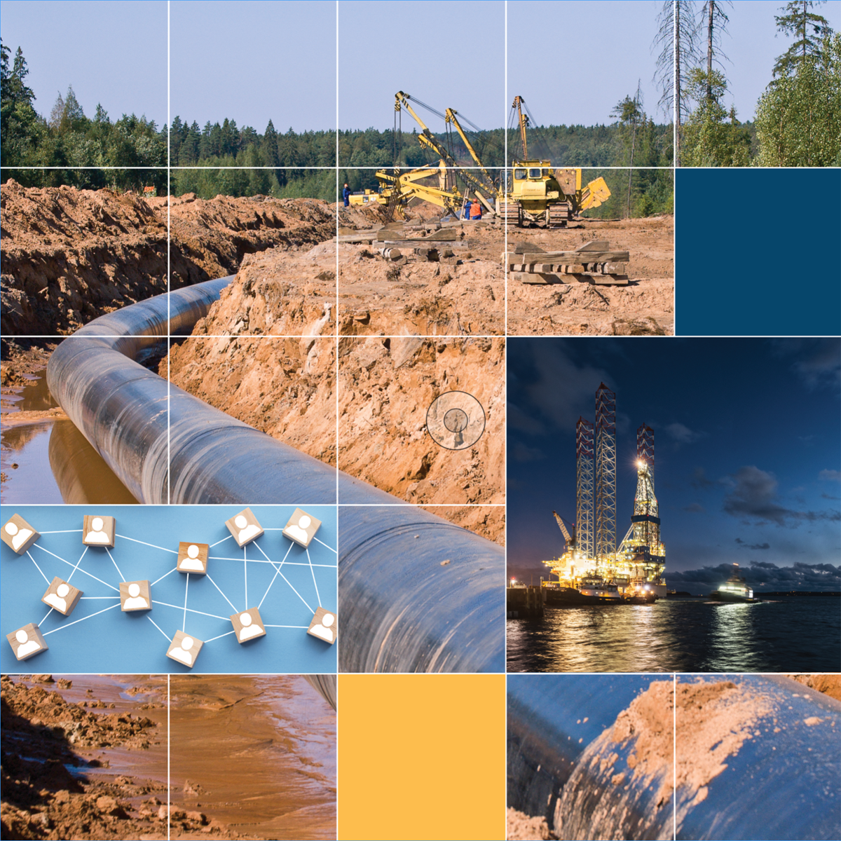 Un pipeline est posé dans une tranchée pendant la construction et une installation pétrolière et gazière extracôtière est illustrée