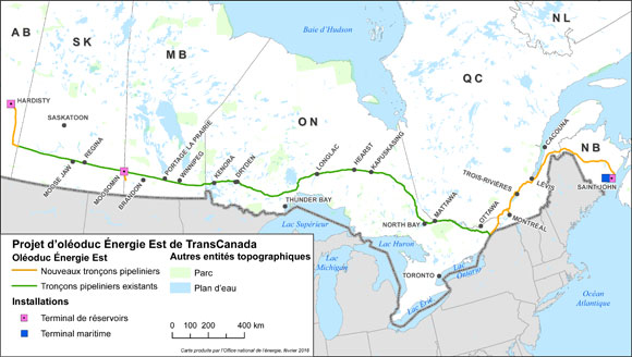Carte du Projet d'oléoduc Énergie Est de TransCanada