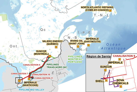 Figure 6 Raffineries de l’Est du Canada et principaux pipelines de transport de liquides